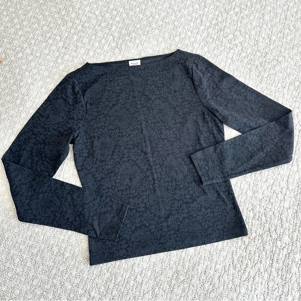 Abercrombie & Fitch Black Lace Long Sleeve Stretch Tee Boat Neck Top Size S